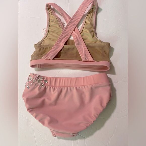 AA dance design custom solo costume pink rhinestone 2 piece set LC child - Picture 4 of 10